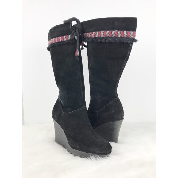 DVF Diane Von Furstenberg Black Suede Leather Knee High Wedge Boots - Picture 2 of 11